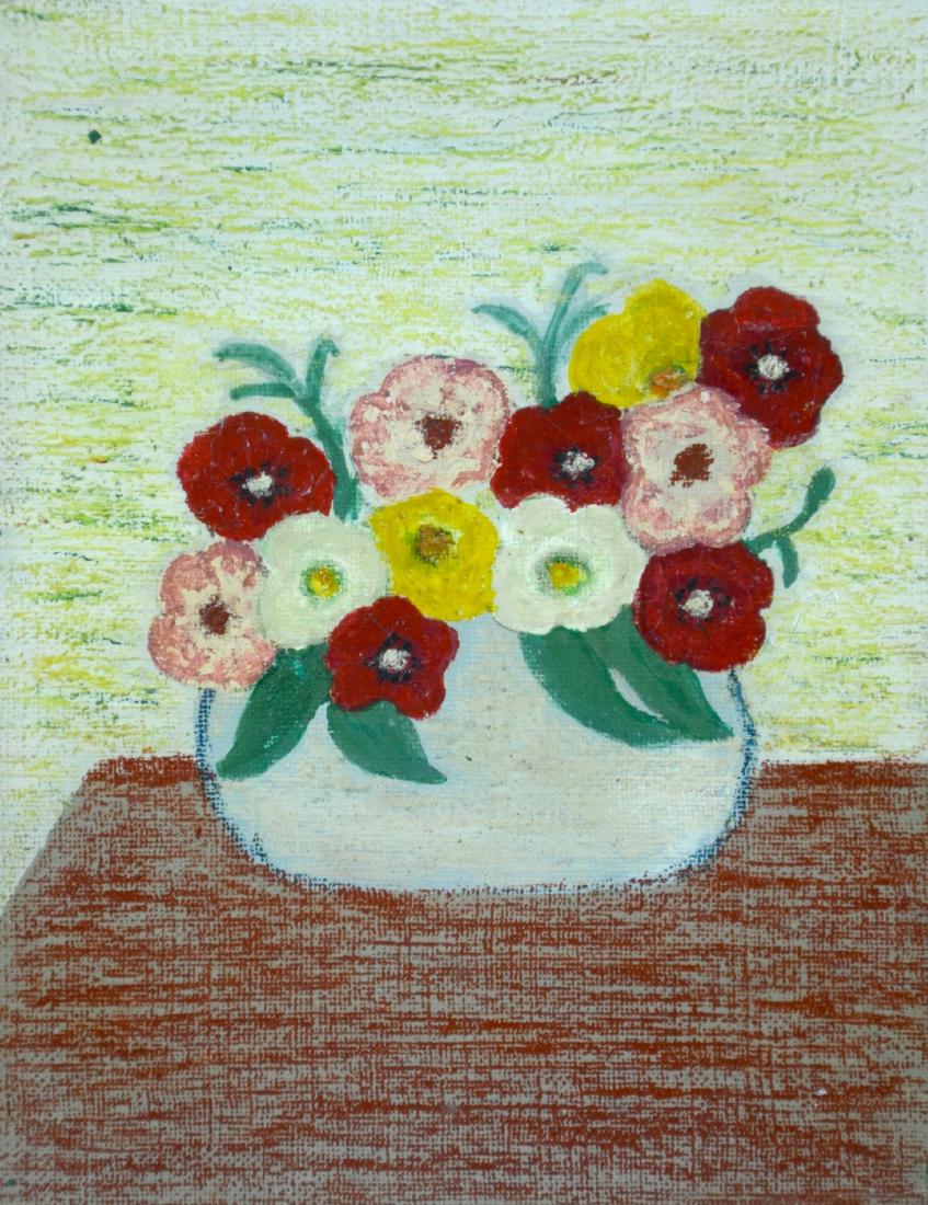 Yolanda Pinto, still life of flowers in a pot: Yolanda Pinto, still life of flowers in a pot, acrylic on unstretched canvas, 9" x 7", framed size 11-3/4" x 9-3/4", very good condition