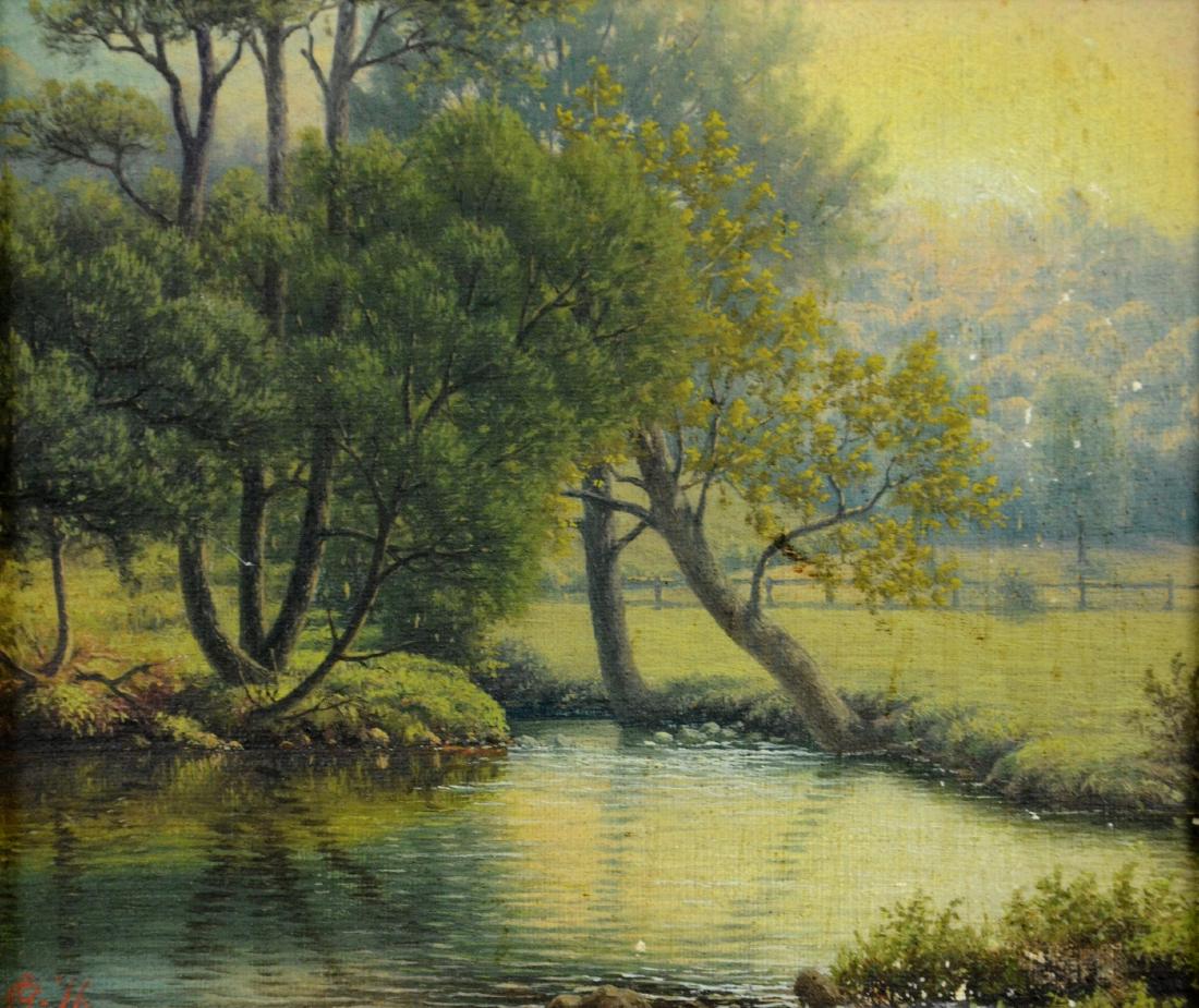 George Cope, American, PA, oil on canvas, 5-1/2" x: George Cope, American, PA, oil on canvas laid on wood panel, bend in the Brandywine, 5-1/2" x 6-1/2", framed size 7-1/4" x 8-5/8", in an ornate gilt frame, dated '15