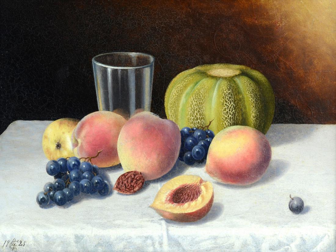 George Cope, American, PA, oil on canvas, 9" x 12": George Cope, American, PA, oil on canvas, still life with melon, peaches, grapes, apple and a glass on a tabletop, initialed GC, dated 1925, 9" x 12", framed size 12-5/8" x 15-5/8", cleaned and reline