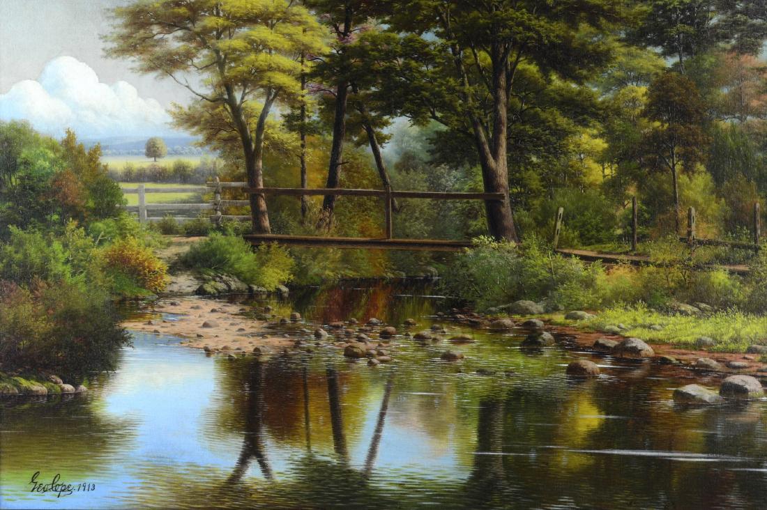 George Cope, oil on canvas, 16" x 24": George Cope, oil on canvas, Brandywine River landscape, signed Geo Cope, dated 1913, cleaned and relined, 16" x 24", framed size 30" x 22"