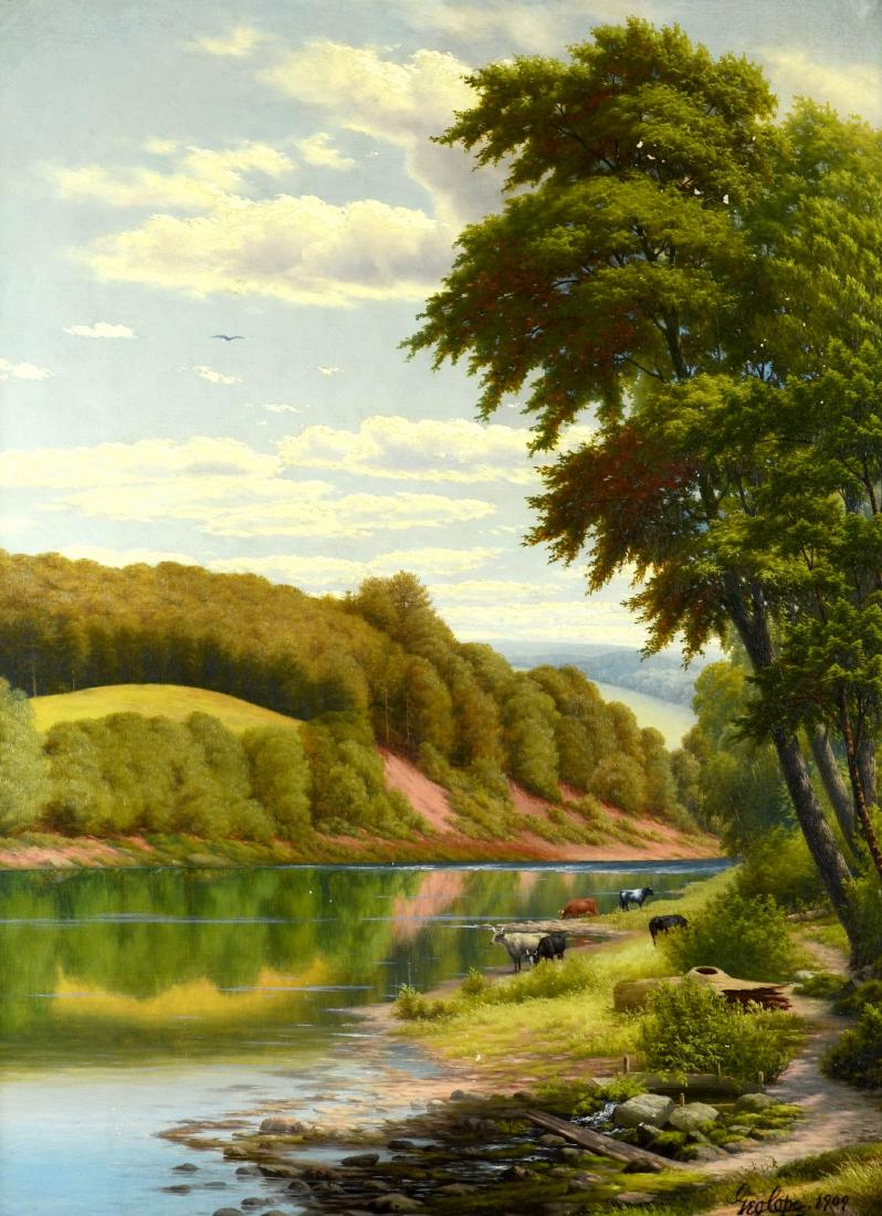 George Cope, oil on canvas, 24" x 18": George Cope, oil on canvas, Delaware Water gap landscape with cattle, signed Geo Cope, dated 1909, 24" x 18", framed size 28-3/4" x 22-1/2"