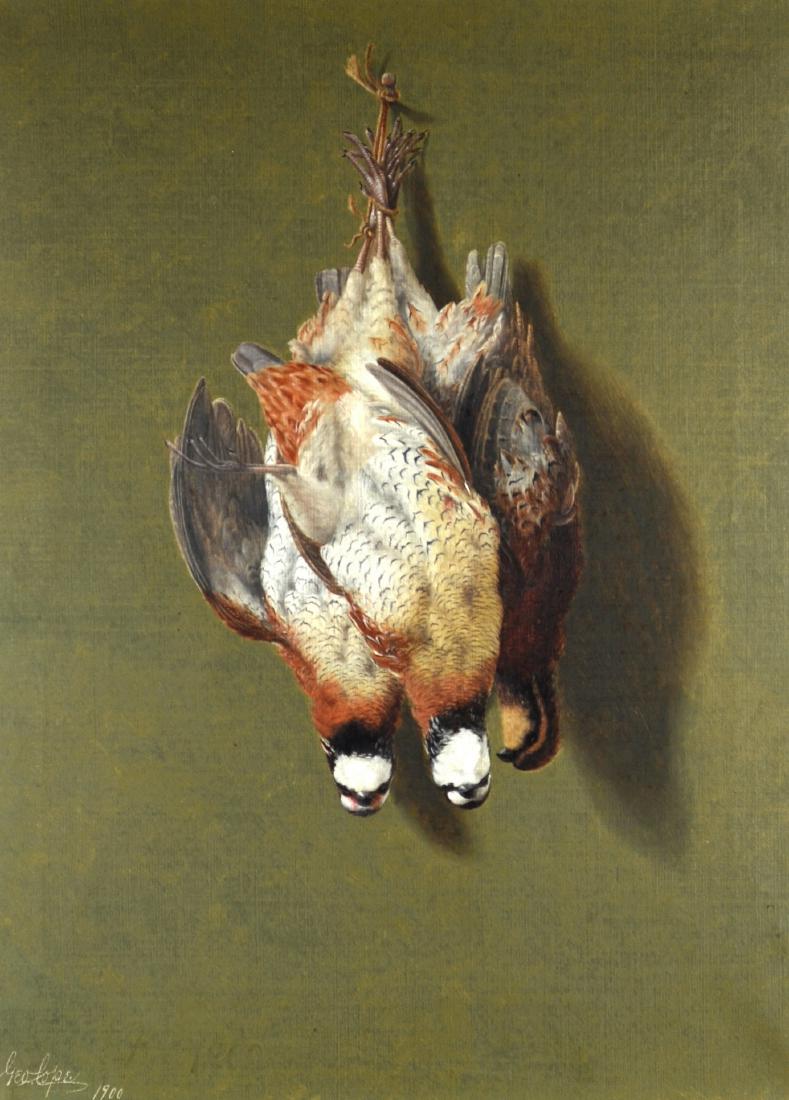 George Cope, oil on canvas, 21" x 16": George Cope, oil on canvas, two dead pheasants hanging, dated 1900, 21" x 16", framed size 29-1/4" x 24-1/2", in the original oak frame with corner brace stretcher tighteners