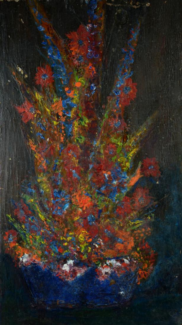 Joseph Pinto Sr., still life of potted flowers: Joseph Pinto Sr. (Italian-American, 1915-1997), still life of potted flowers, acrylic on panel, 29-1/2" x 16-3/4, good condition