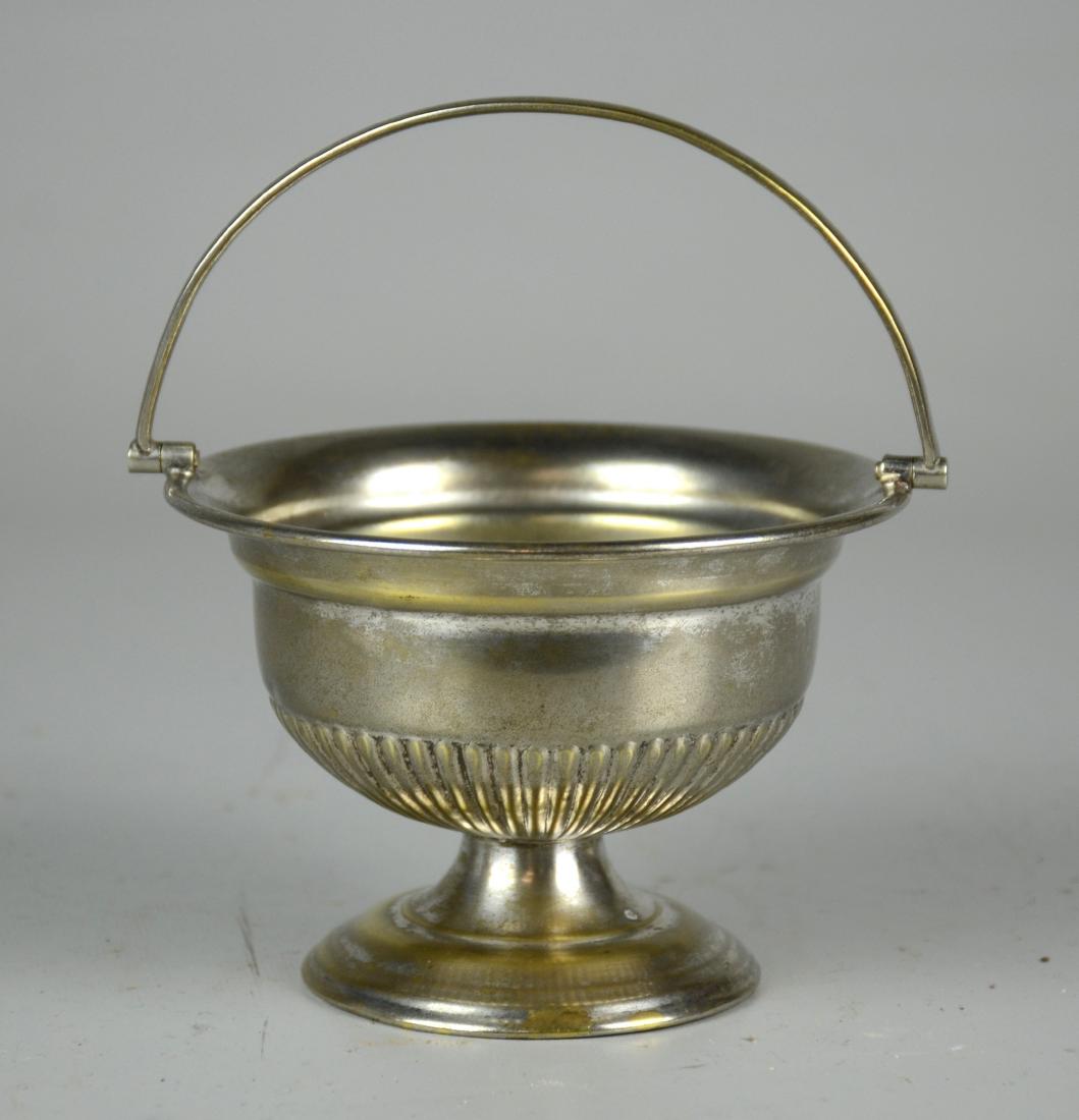 White Star Line "Adriatic" sugar basket: Adriatic cruise ship silver plate sugar basket, footed bowl with swing handle, White Star Line, sister ship of Titanic, stamped on rim "R.M.S. Adriatic", c 1906-1935, 4-1/4" dia x 5-1/4" h