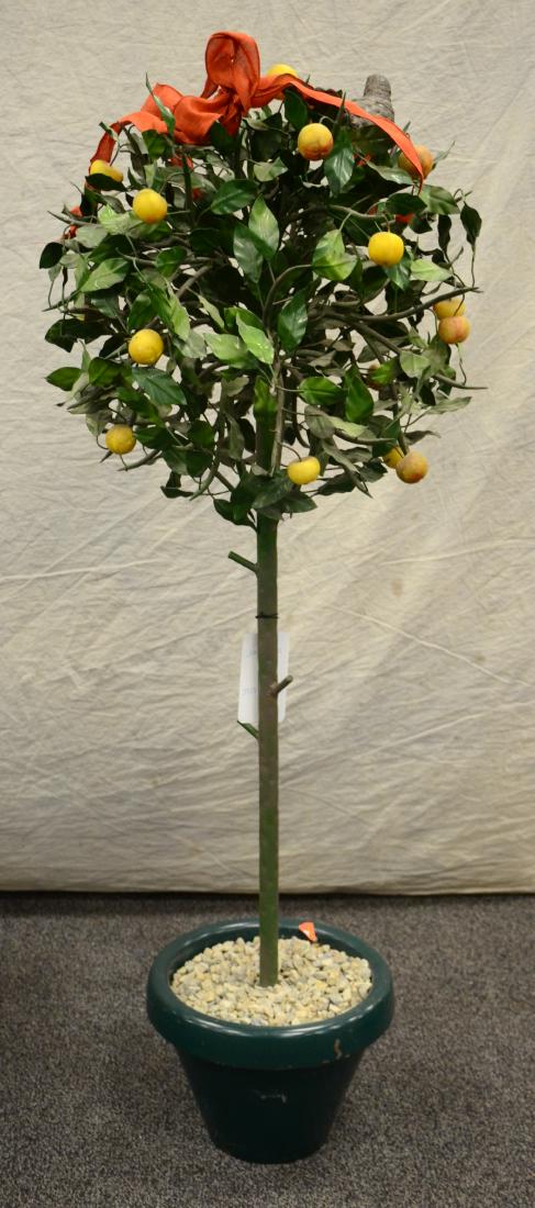 Metal lemon topiary w/ bird: Metal lemon topiary w/ bird, metal leaves and lemons, red bow, green pot with rocks, metal bird, 48"h