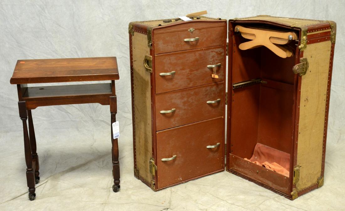 Mendel Trunx canvas trunk, Sheraton style podium: Mendel Trunx canvas trunk, Sheraton style podium, trunk cream canvas with brown metal strapping, one side with fitted drawers, marked Dorothy Cronstedt, podium with shelf, trunk 42"h