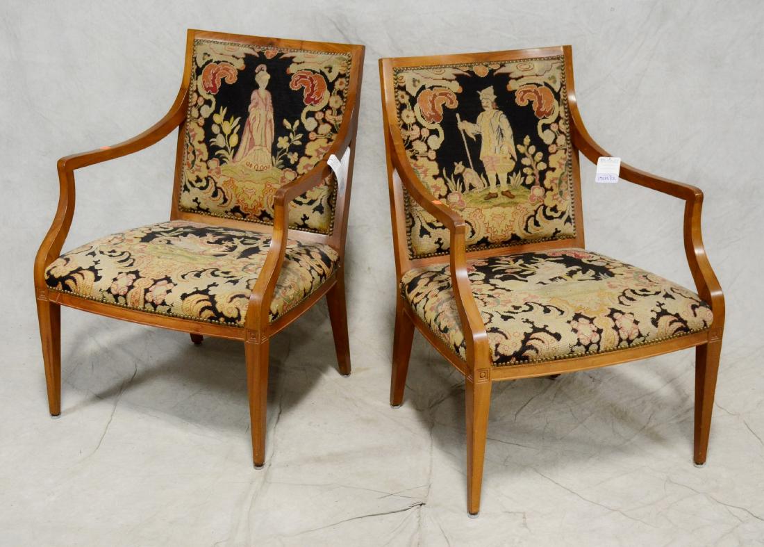 Pair Mahogany Edwardian open arm chairs: Pair Mahogany Edwardian open arm chairs, with scenic needlepoint backs and seats, 36"h