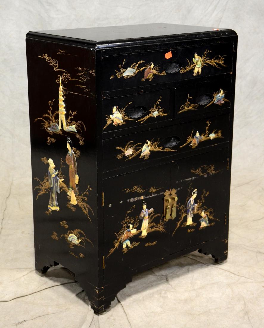 Black lacquered Asian style chest with applied stone (1 of 1)