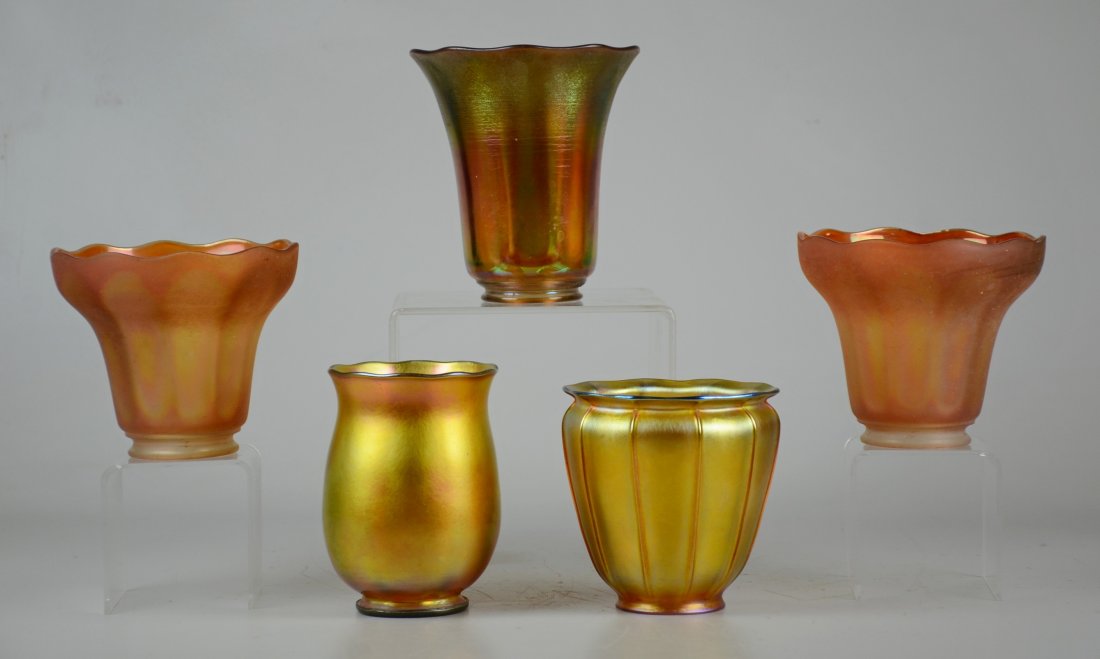 (5) art glass shades: (5) art glass shades, Quezal, NuArt, 3 unsigned, largest 5-3/4"h
