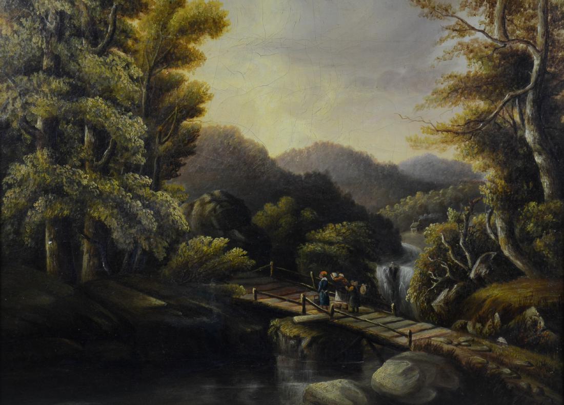 19th c School, unsigned o/c, Travelers on a Bridge, (1 of 3)