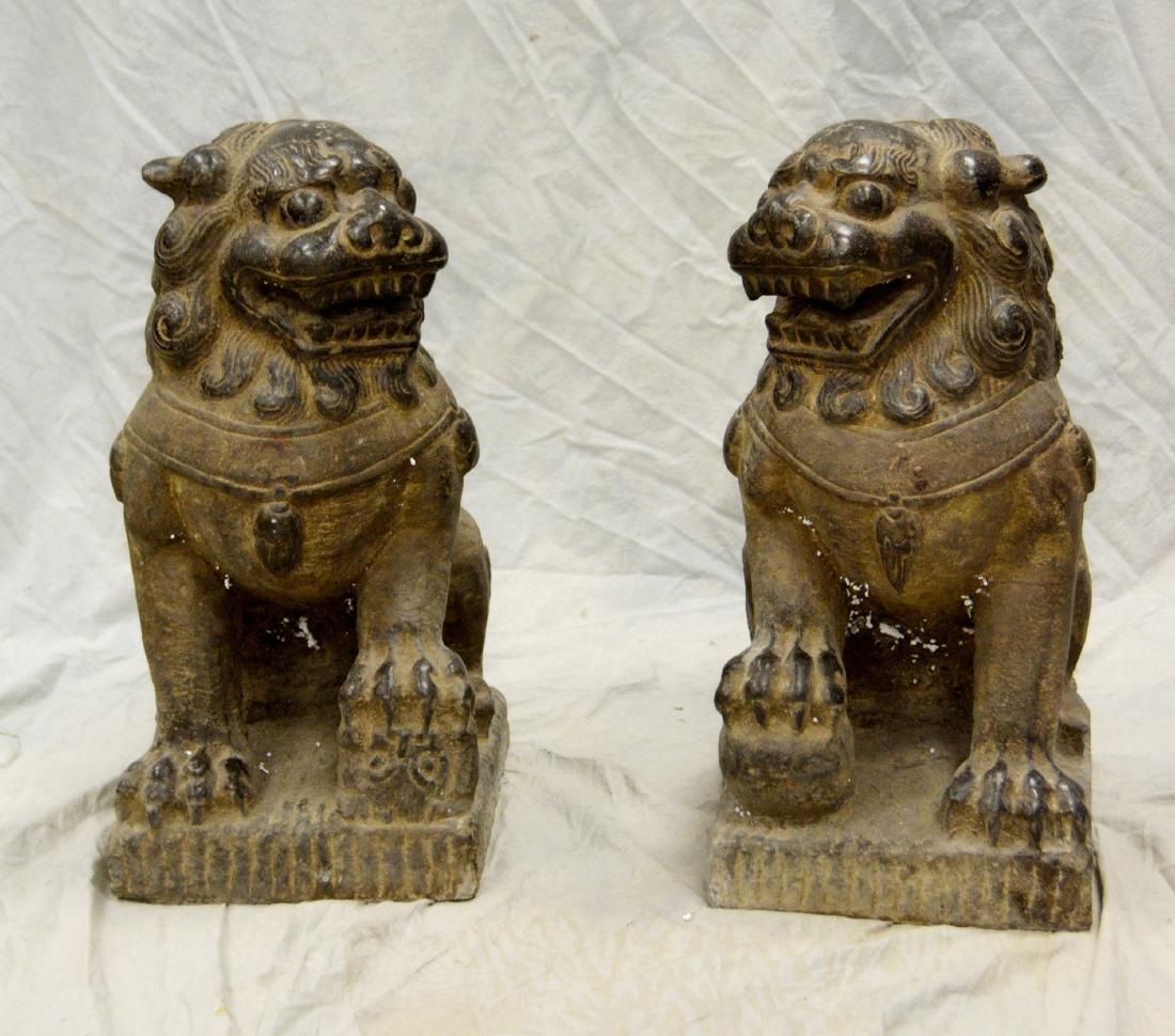 Pair carved stone foo dogs, 20" h, 12" d