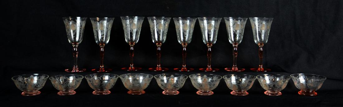 (17) Pcs Morgantown Glass Co. Queen Louise Glasse: (17) Pcs Morgantown Glass Co. pink Queen Louise pattern (8) wine glasses and (9) sherbet bowls, glasses 7 -1/2" h x 3 -1/2" dia, bowls 2 -1/4" h x 4 -1/2" w, some have tiny nicks to the rims