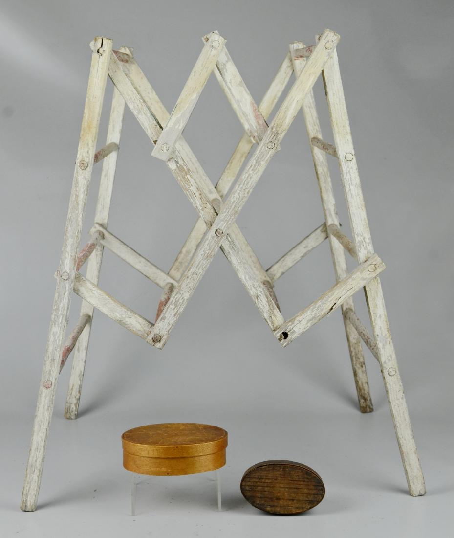 Herb Drying Rack & 2 Miniature Shaker Boxes: (3) American Primitive pcs, c/o Drying / herb wood rack, pealing white paint, 21-1/4" h, c. 1910-1930, and (2) Shaker "Harvard style" oval bentwood pantry boxes, single finger lapping, 3-3/4" x 2-1/4"