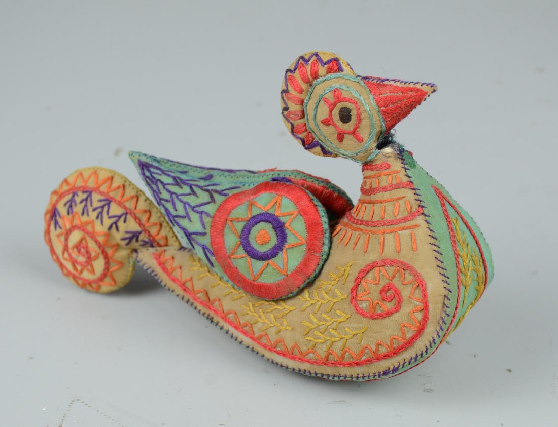 Folk Art Bird Pin Cushion: Bird pincushion / toy, embroidered stuffed fabric, c. 1900, attributed to southeastern Pennsylvania, 6-1/2" l
