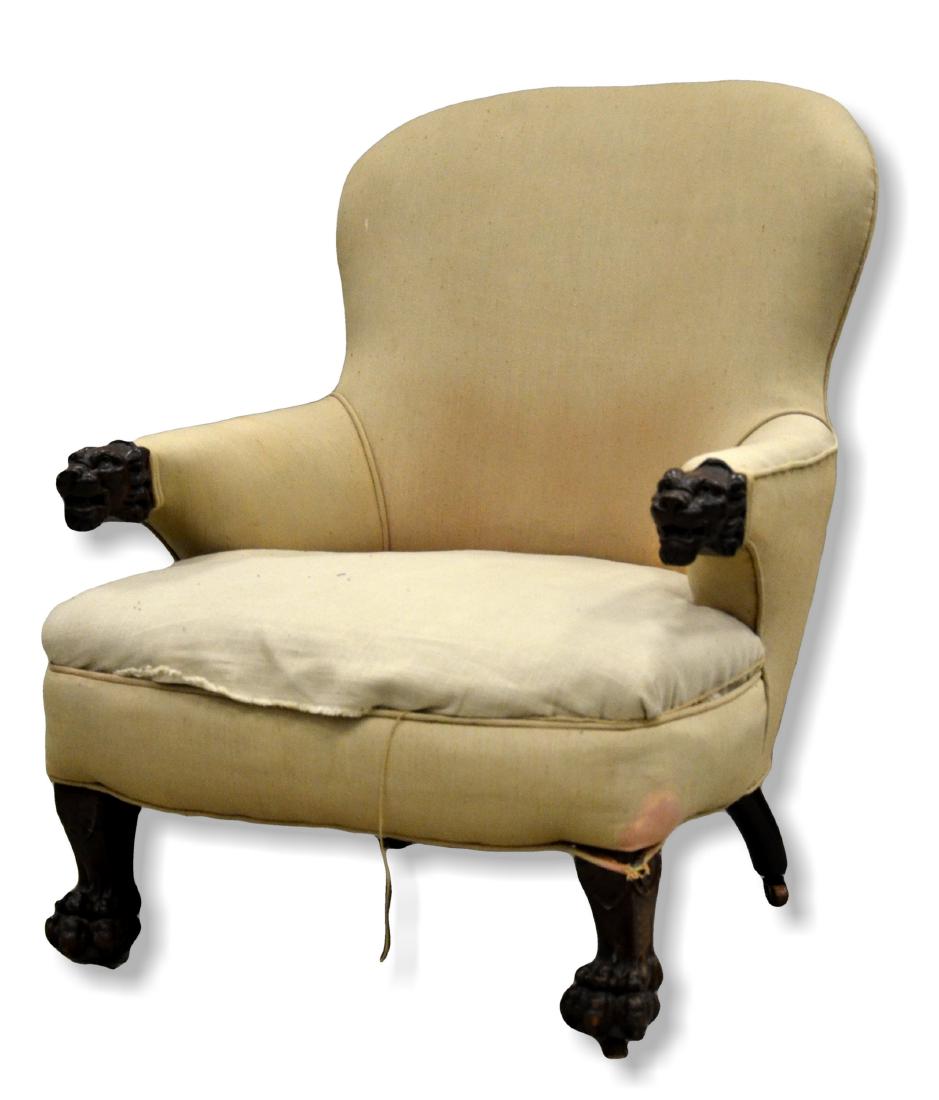 Upholstered Victorian armchair, with lion's head arms (1 of 1)