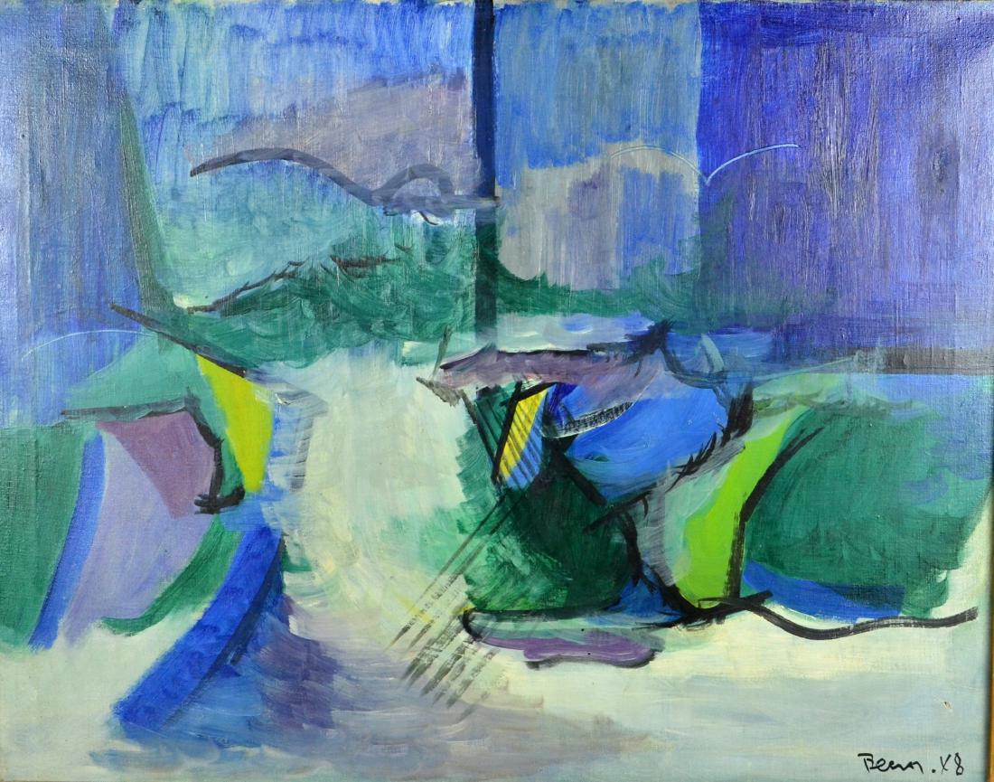Ben Benn, (Russian-American, 1884-1983), Abstract: Ben Benn (Russian-American, 1884-1983), abstract painting, "Incoming Tide", oil on canvas, signed "Benn '48", 2 5" x 32", framed 31-1/2" x 38", good condition, small repair upper right, wear to frame