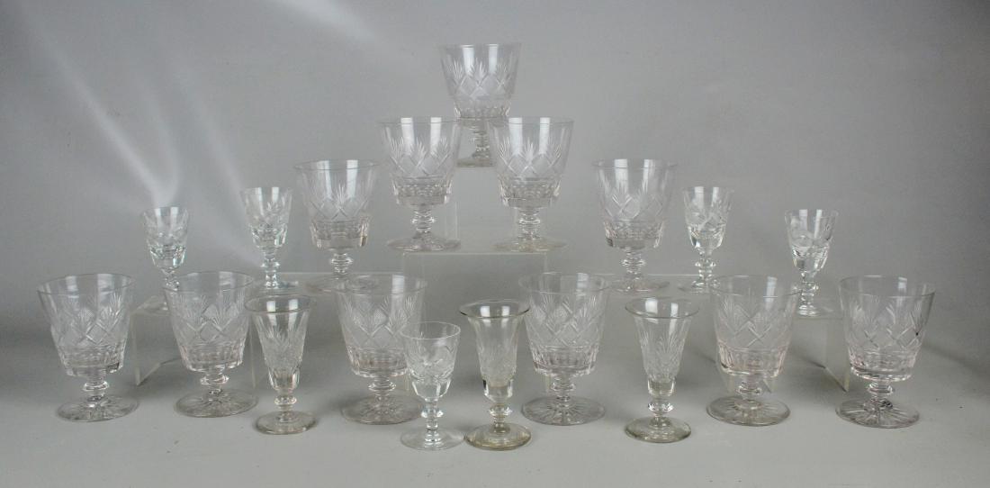 (19) Cut Glass Stems: (19) Cut glass stems, c/o (11) water goblets, (3) cordials, (5) similar but non-matching port wine glasses, unmarked