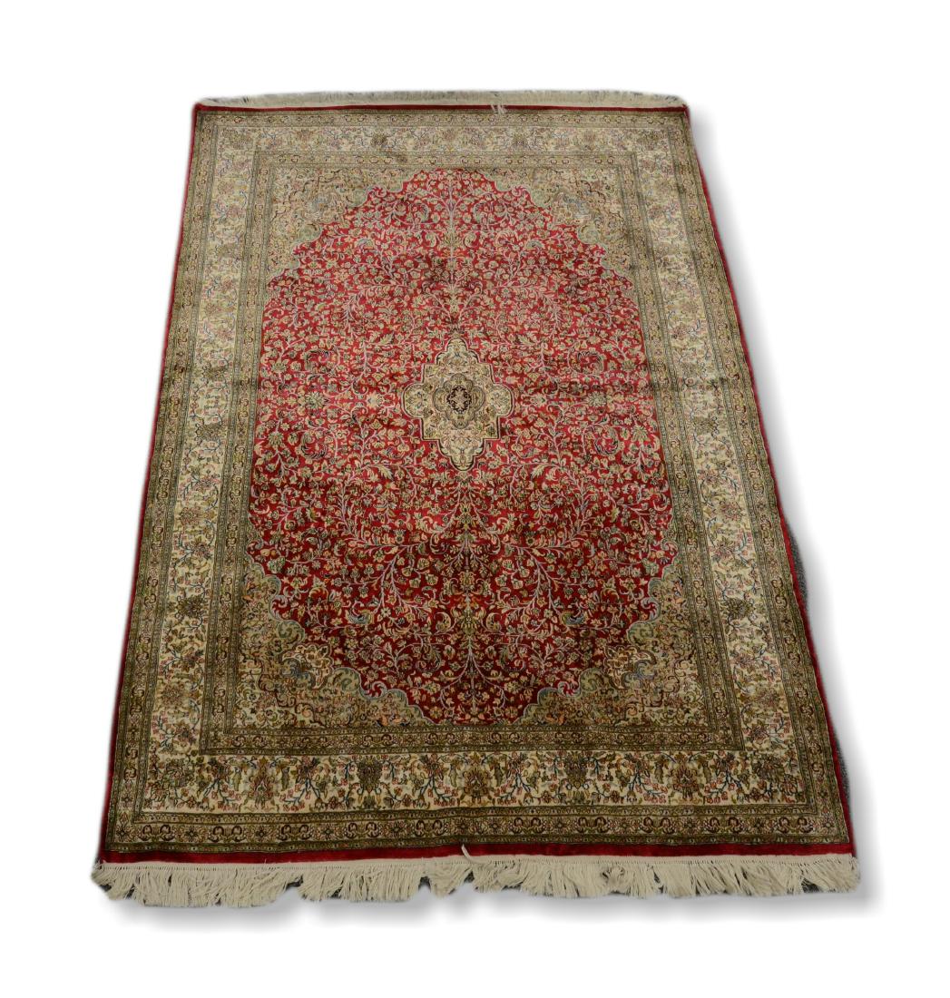 Indo-Kashan silk on silk throw rug, 4' x 6' (1 of 4)