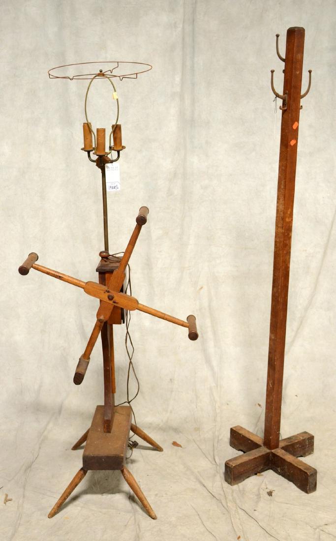 Wood coat rack, flax wheel floor lamp: Wood coat rack, flax wheel floor lamp, lamp 63" h