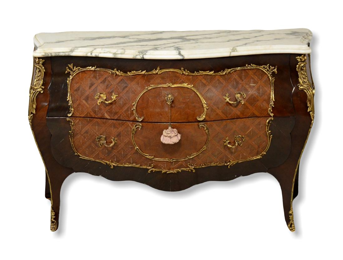 Louis XV style marble top parquetry inlaid bombe (1 of 2)