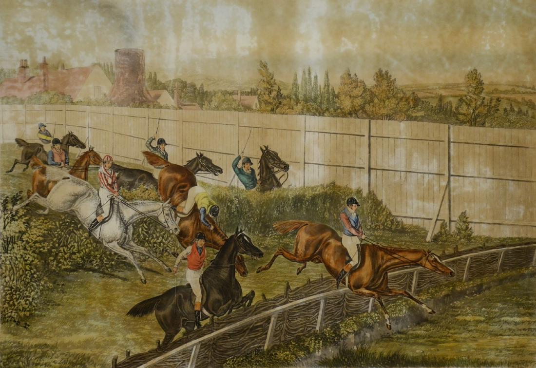 Henry Alken Steeplechase Print, "In and Out": Henry Alken (British, 1810-1894), steeplechase print, "In and Out", engraved by Charles Hunt after a painting by Henry Alken, 16" x 22-3/4" plate, framed 29-1/4" x 35-1/4", fair condition, overall bro