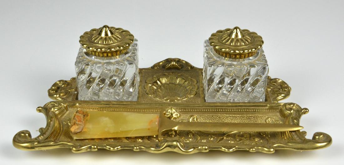 Ornate Brass Double Inkwell, (1 of 1)