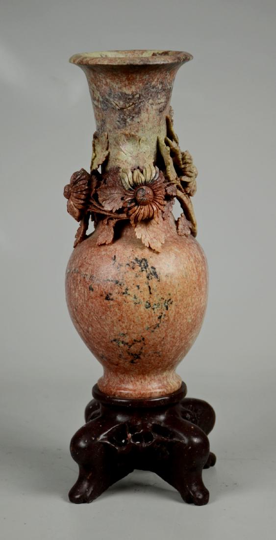 Carved Stone Vase on Wood Stand: Asian carved stone vase with flower decoration, on wood stand, 15-3/4" h overall