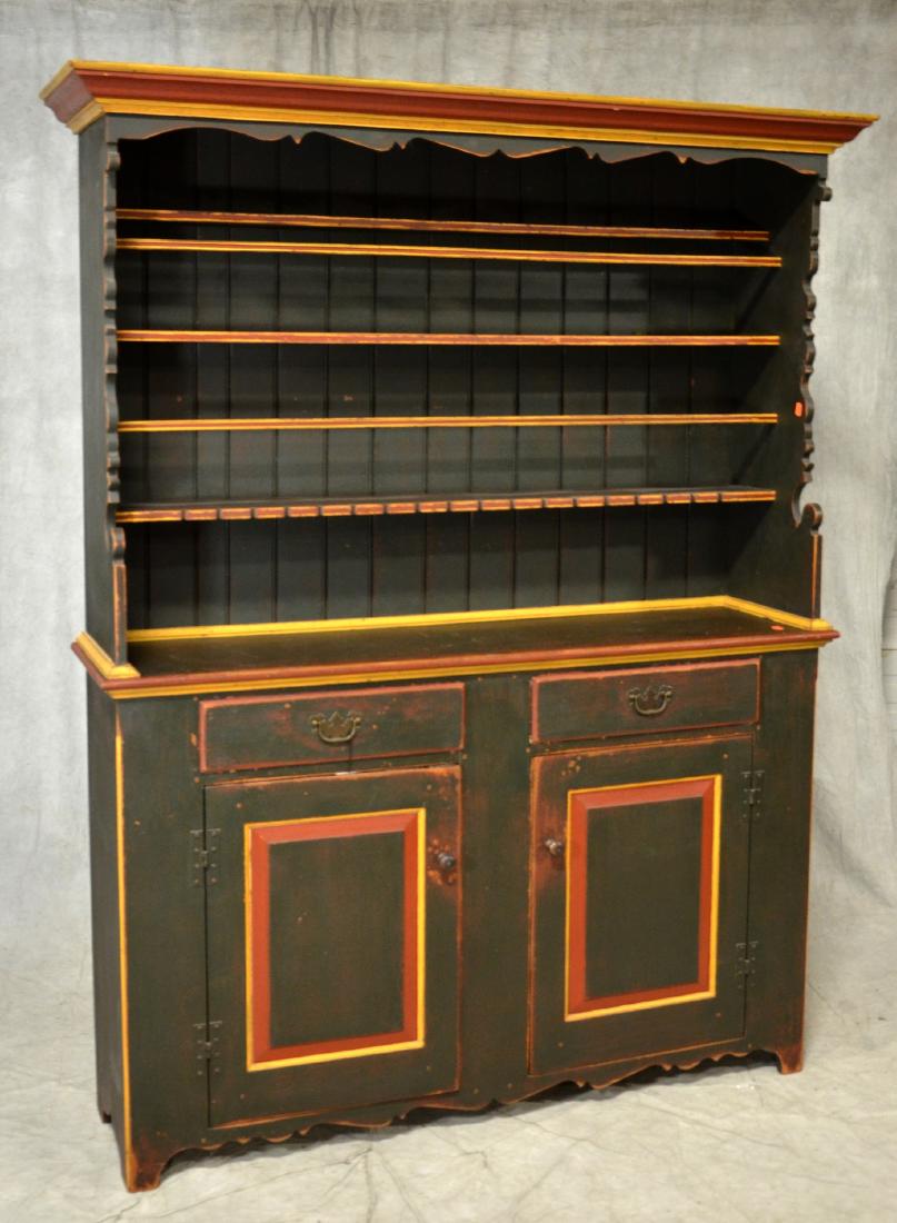 David Smith painted 2 pc sideboard: David Smith blue/green painted 2 pc sideboard, blue/green distressed painted with red highlights, top with side scrolled decoration, plate and cup racks, bottom with two drawers over two doors, 79-1/4