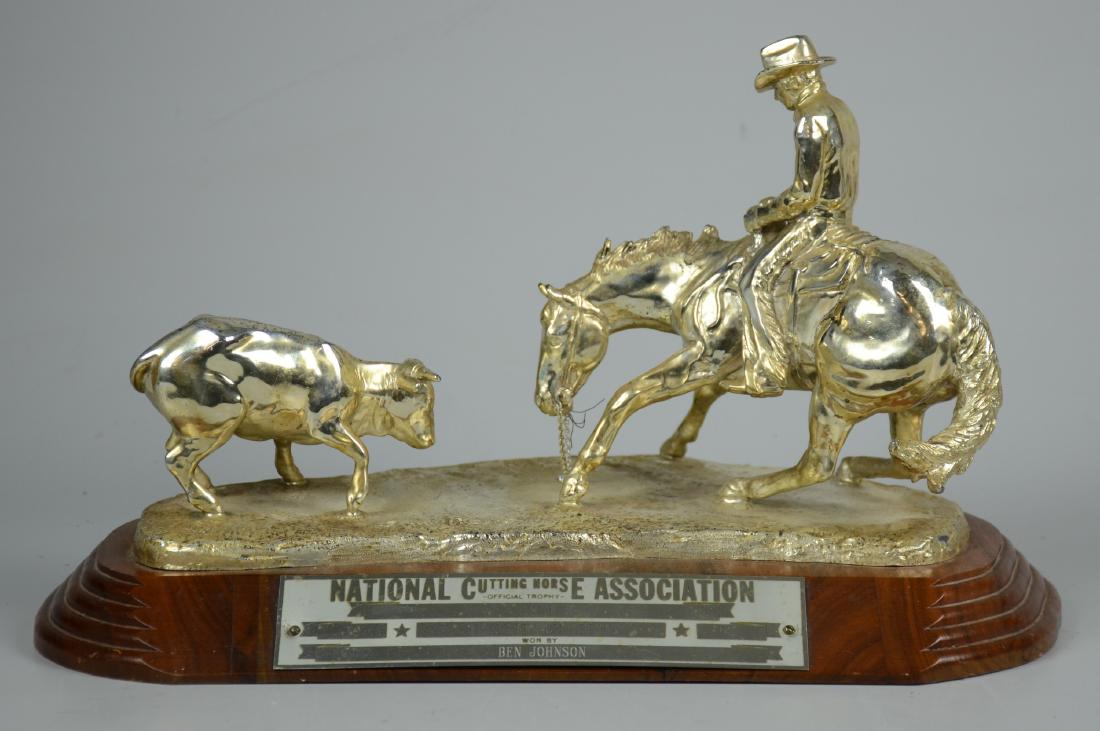 Silver Plate Horse Trophy: Silver plated National Cutting Horse Association Official Trophy, attributed to Jim Reno, 1980 Maturity Champion Won by Ben Johnson (actor, 1918-1996), 15" w x 9-1/2" h