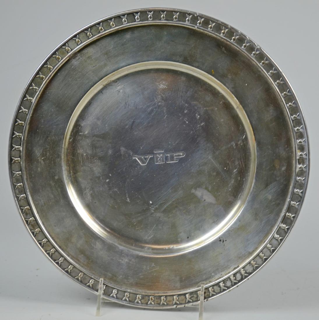 Reed & Barton Playboy Club VIP Tray: Reed & Barton silver plated round tray, "VIP" with Playboy bunny in center, 71 rabbit heads around border, 10-3/4" dia
