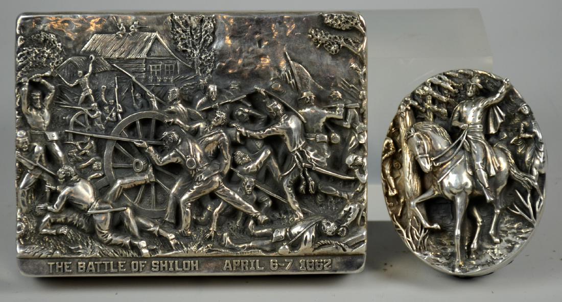 (2) H Winograd Sterling Plaques: Henryk Winograd (Poland/USA, 1917 - 2008), (2) sterling Civil War relief plaques, "The Battle of Shiloh April 6-7 1862", 4-3/4" x 6-1/2", and "Gen Nathan Bedford Forrest Murfreesboro Tenn Jul 13, 1862