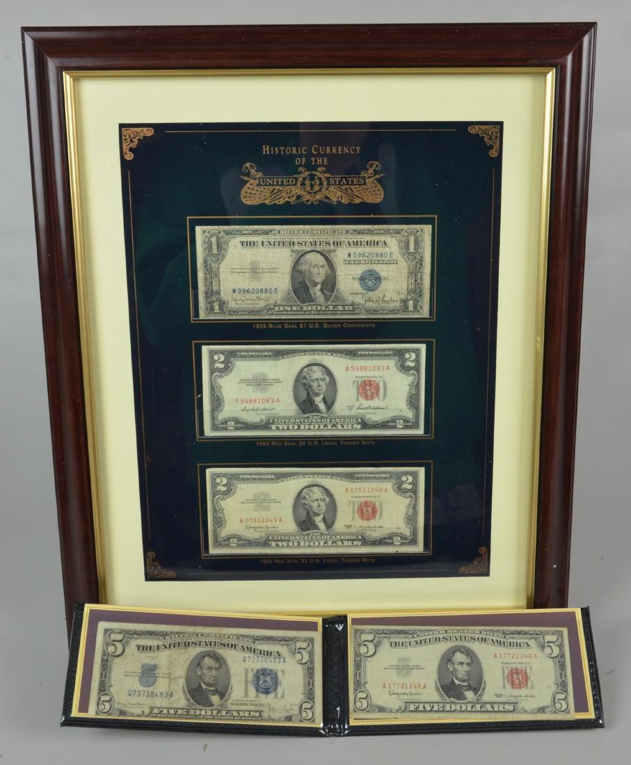 Silver Certificate and Legal Tender Notes: "Historic Currency of The United States", c/o 1935 Blue Seal $1 U.S. Silver Certificate, 1953 Red Seal $2 U.S. Legal Tender Note, 1963 Red Seal $2 U.S. Legal Tender Note, presented framed from U.S. Co