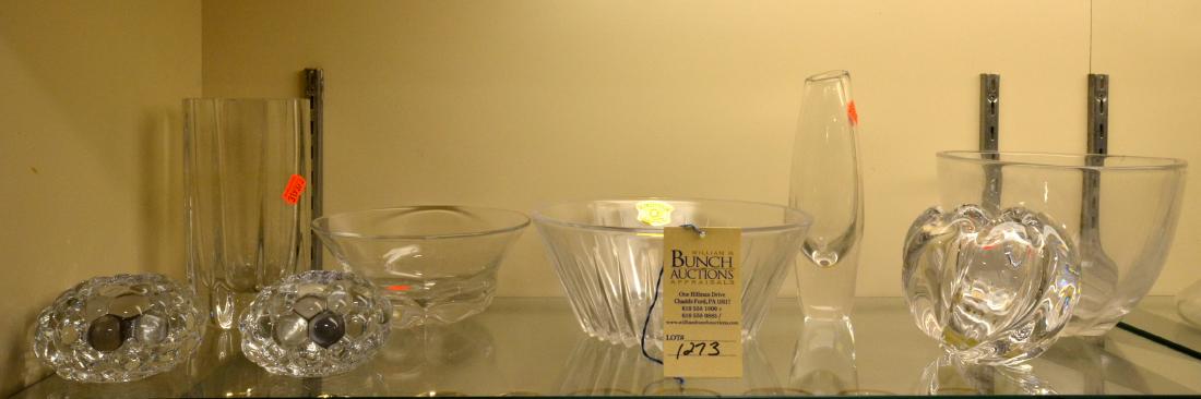 Shelf #1 - (8) Pcs Crystal, Orrefors, Val St Lambert: Shelf #1 - (7) Pcs Orrefors crystal, including Ohrstrom swirl rose bowl, Edvard Hald bowl, Hallon Raspberry votive candles, and Val St Lambert Balmoral bowl
