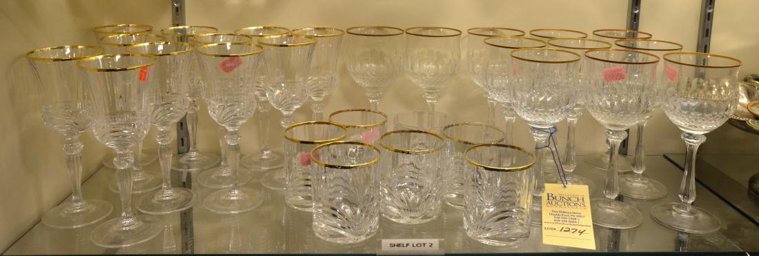 Shelf #2 - (29) Pcs Glass Drinkware: Shelf #2 - (29) Pcs gilt trimmed glass drinkware, c/o 7 rocks glasses, (11) red wine stems, (11) white wine stems (non-matching)