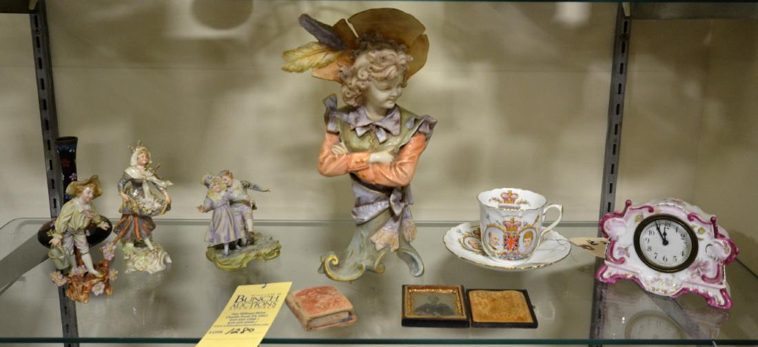 Shelf #8 - Mixed Lot, Porcelain, Cloisonne: Shelf #8 - 1902 Coronation teacup & saucer, porcelain clock, figurines, cloisonne vase, miniature book "Here a Little and There a Little" dated 1865, daguerreotype