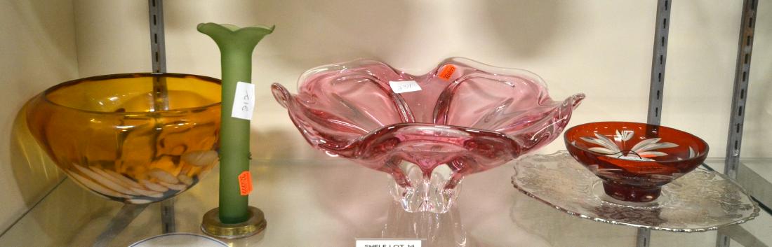 Shelf #14 - (5) Pcs Glass: Shelf #14 - (5) Pcs glass, c/o ruby cut to clear bowl, silver overlay platter, amber art glass bowl, pink cased glass center bowl, green bud vase with metal mount, #105, 138, 212, 234, 237