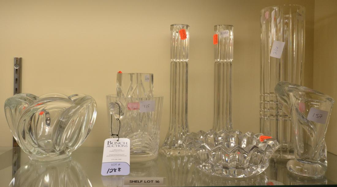 Shelf #16 - (8) Pcs Glass, Mikasa, Art Vannes, Kosta: Shelf #16 - (8) Pcs crystal, c/o pr Mikasa ribbed candlesticks, Art Vannes bowl & vase, Kosta square vase, Int'l Designs Ltd bowl , tall cylinder vase, ice bucket, #111, 115, 150, 151, 156, 157, 202, 