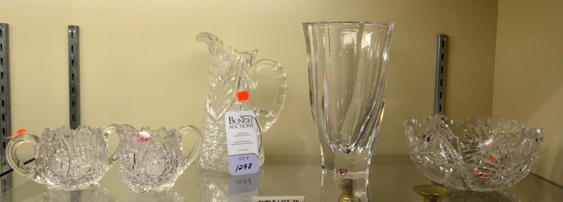 Shelf #26 - (5) Pcs Cut Crystal: Shelf #26 - (5) Pcs cut glass, c/o Orrefors vase, floral pattern pitcher, star cut bowl, sunburst sugar & creamer