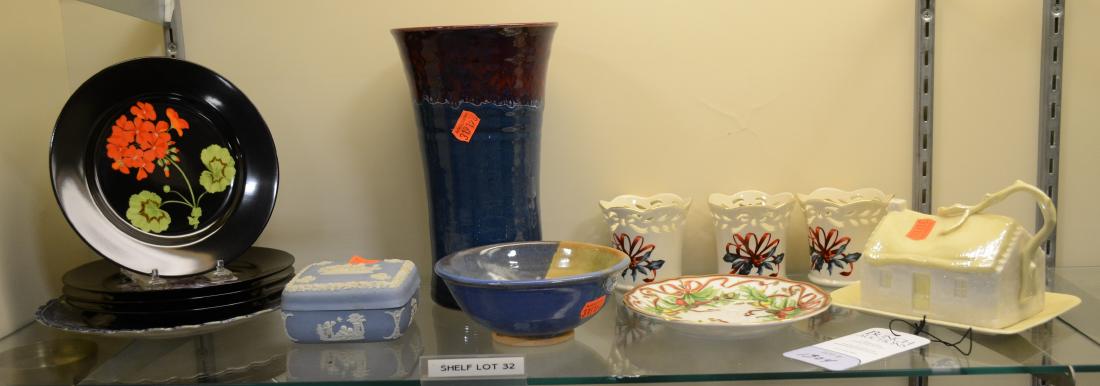Shelf #32 - Porcelain & Pottery: Shelf #32 - Belleek cottage covered butter dish, 3 Lenox Christmas votives, Tiffany Holiday plate, 4 Tiffany & Co "Mrs. Delany's Flowers" by Sybil Connolly plates (1 chipped), Wedgwood Jasperware box,