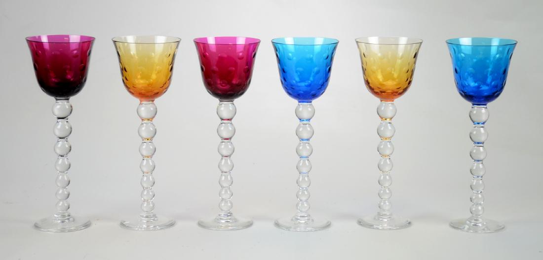 (6) Saint Louis Bubbles Wine Glasses: (6) St Louis Glass wine goblets, Bubbles pattern, 2 each blue, amber, rose, 9-1/2" h
