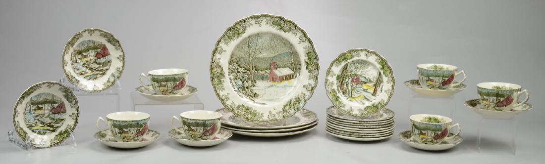 (28) Pcs Johnson Brothers Friendly Village Dinnerware: (28) Pcs Johnson Brothers Friendly Village Dinnerware c/o (4) 10" dinner plates, (10) 6" B&B plates, (8) fruit/dessert/sauce bowls, (6) teacups