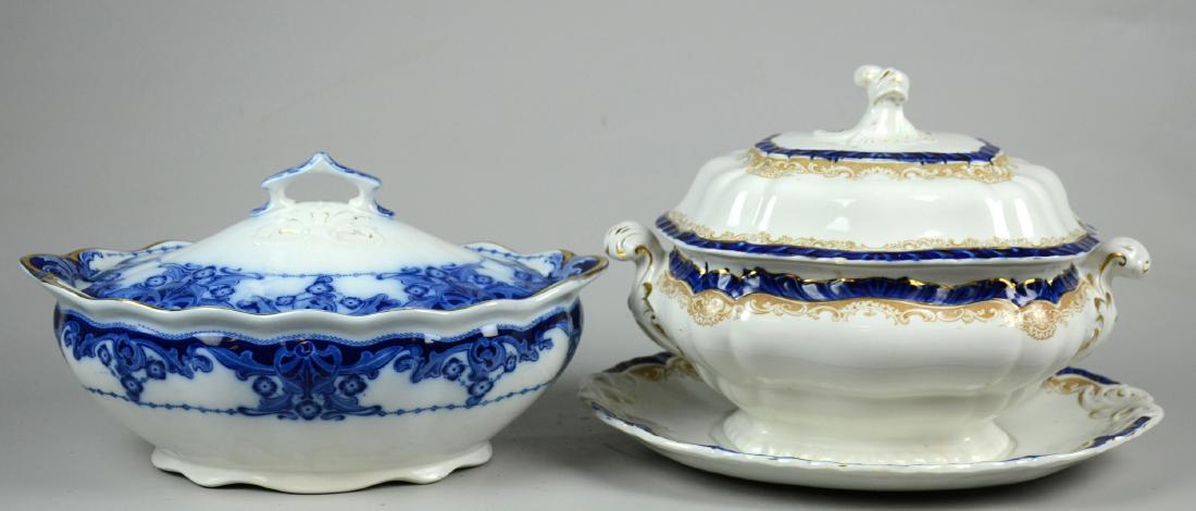 (2) Porcelain Soup Tureens: (2) Porcelain soup tureens, c/o cobalt & gilt banded tureen with under tray, Booth's Staffordshire manufactured for Harrods London, and Royal Doulton Egerton flow blue