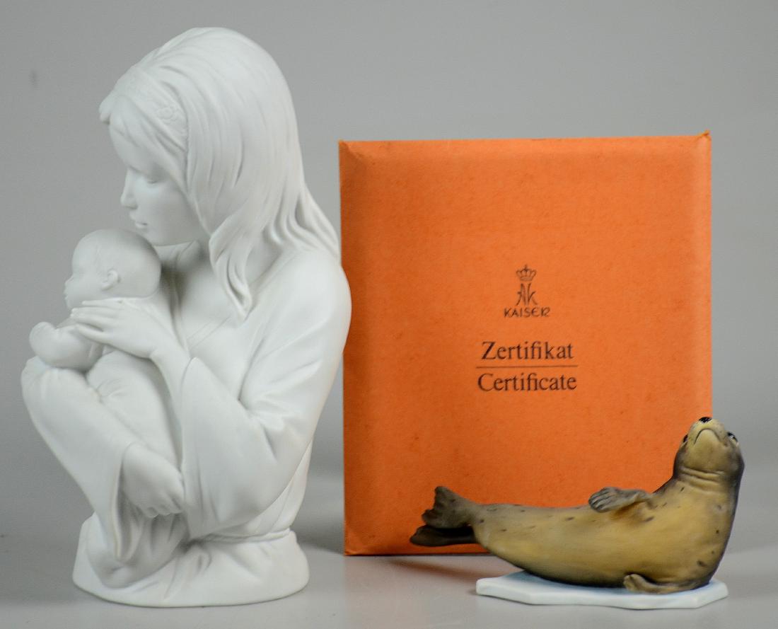 (2) Kaiser Porcelain Figures: (2) Kaiser porcelain figurines, c/o "Mother and Child" by Wolfgang Gawantka, 2002/7000, impressed "696", with COA, 8-3/4" h, and hand painted seal, 6" w x 2-3/4" h