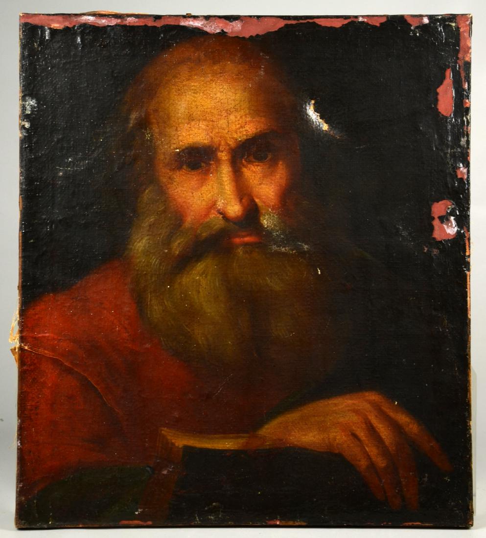 19th C Painting of a Scholar: 19th C painting of a scholar, in the manner of 17th C Continental School, oil on canvas, unsigned, 20-1/2" x 18-1/4", poor condition with paint losses and puncture