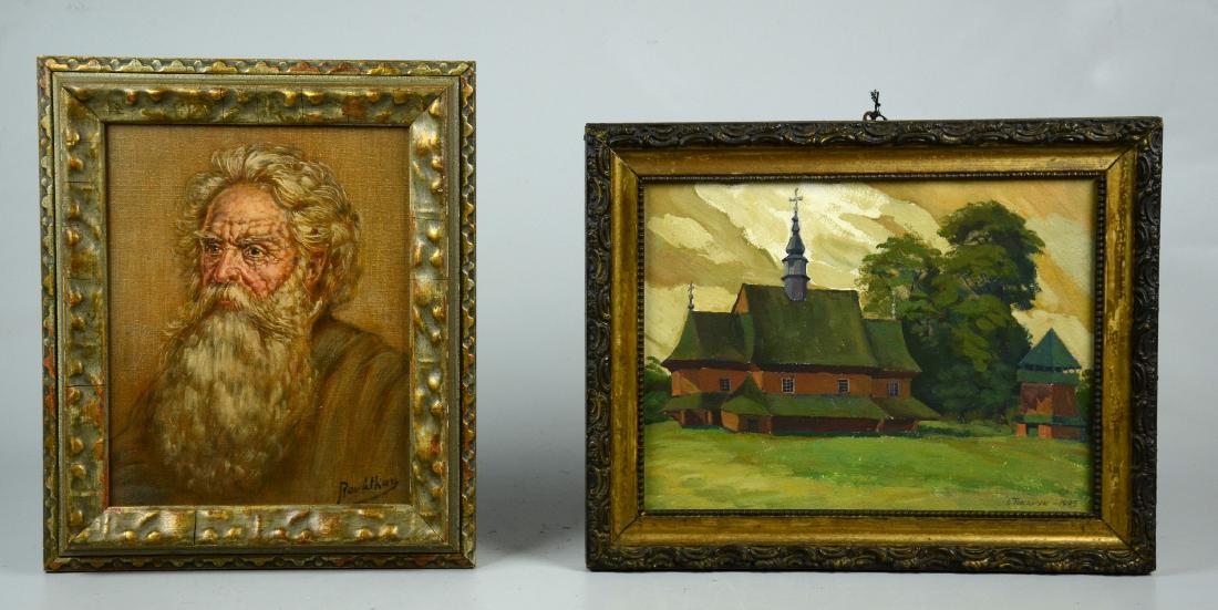 Adrian Rovatkay & I Tokapyk, (2) Paintings: Adrian Rovatkay & I Tokapyk, (2) paintings, portrait of bearded man, signed "Rovatkay", oil on canvas, 8" x 10"; landscape with church, oil on board, signed "I Tokapyk 1985", 9" x 12", good condition