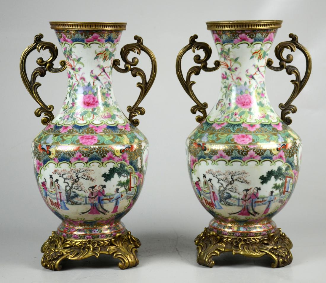 Pr Modern Famille Rose Vases: Pr modern Chinese porcelain vases with ormolu mounts, Famille Rose pattern, 16-3/4" h