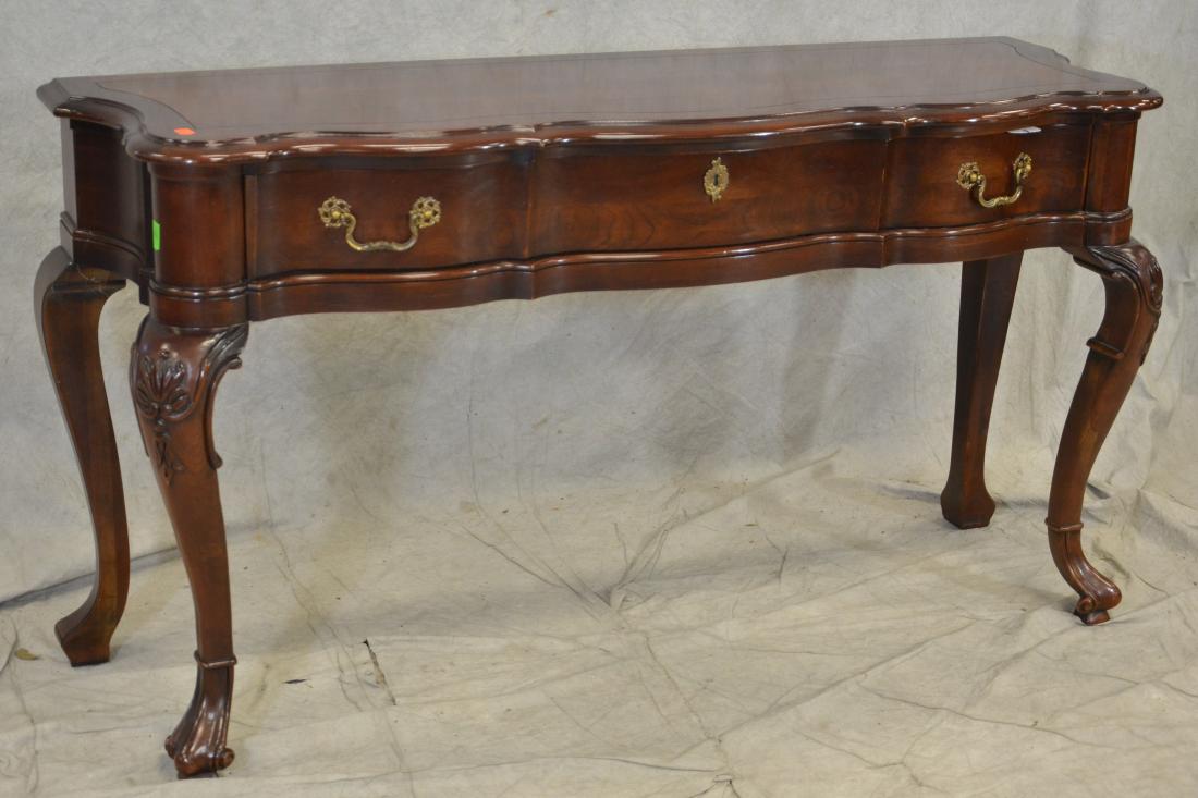 Mahogany Century one drawer console table: Mahogany Century one drawer console table, scalloped edge top, brass hardware, shell motif at knee, scrolled feet, 31"h x 58"w x18-1/2"d