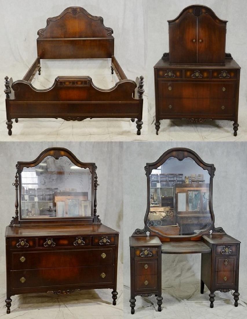 (4) pc Depression bedroom set: (4) pc Depression bedroom set, c/o dresser, twin bed, vanity w/ mirror, and dresser w/ mirror, dresser, applied carvings under brass hardware, walnut with dark finish, 63"h x 39"w x 21"d