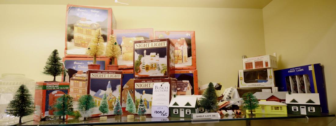 Shelf #36 - (6) Brinn's Dickens Village Buildings,: Shelf #36 - (6) Brinn's Dickens Village buildings including Fezziwig's, Scrooge & Marley's, Nickleby's Coach House, White Lion Inn, a bakery, butchery; (3) porcelain night light buildings and Christma