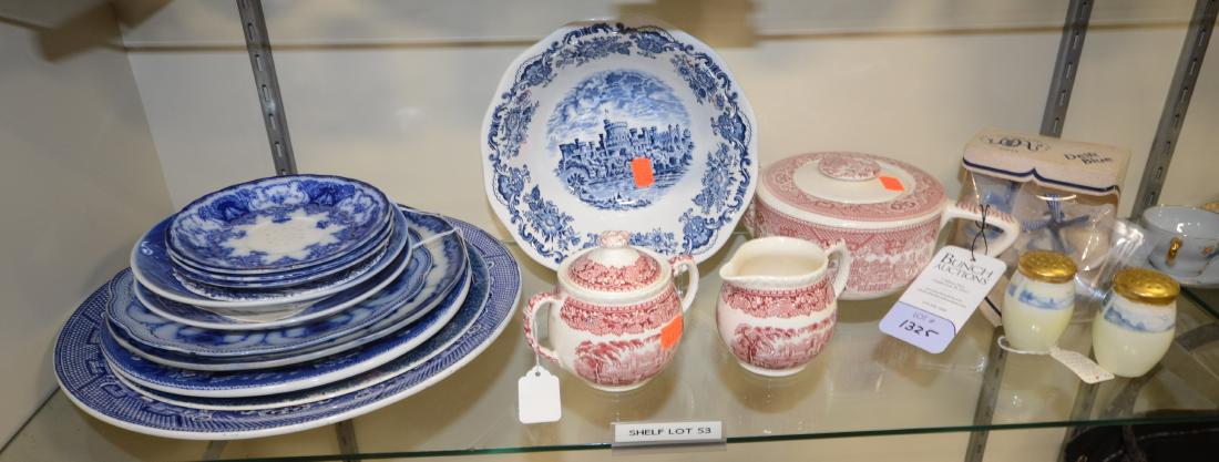 Shelf #53 - Serveware & Collector's Plates: Shelf #53 - English, Dutch, and Bavarian serveware and collector's plates to include (2) flow blue plates, 13" blue/white Willow pattern charger, red/white Willow pattern teapot, Mason's Vista England
